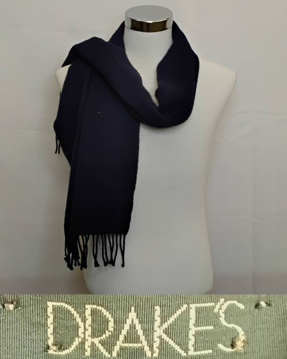 Drake's Lambswool Scarf 65" Rectangle Navy Blue w/ Fringe READ #J4918